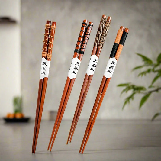 4 Pairs Wooden Chopsticks - Japanese Sushi Sticks with String for Kitchen & Restaurant Use